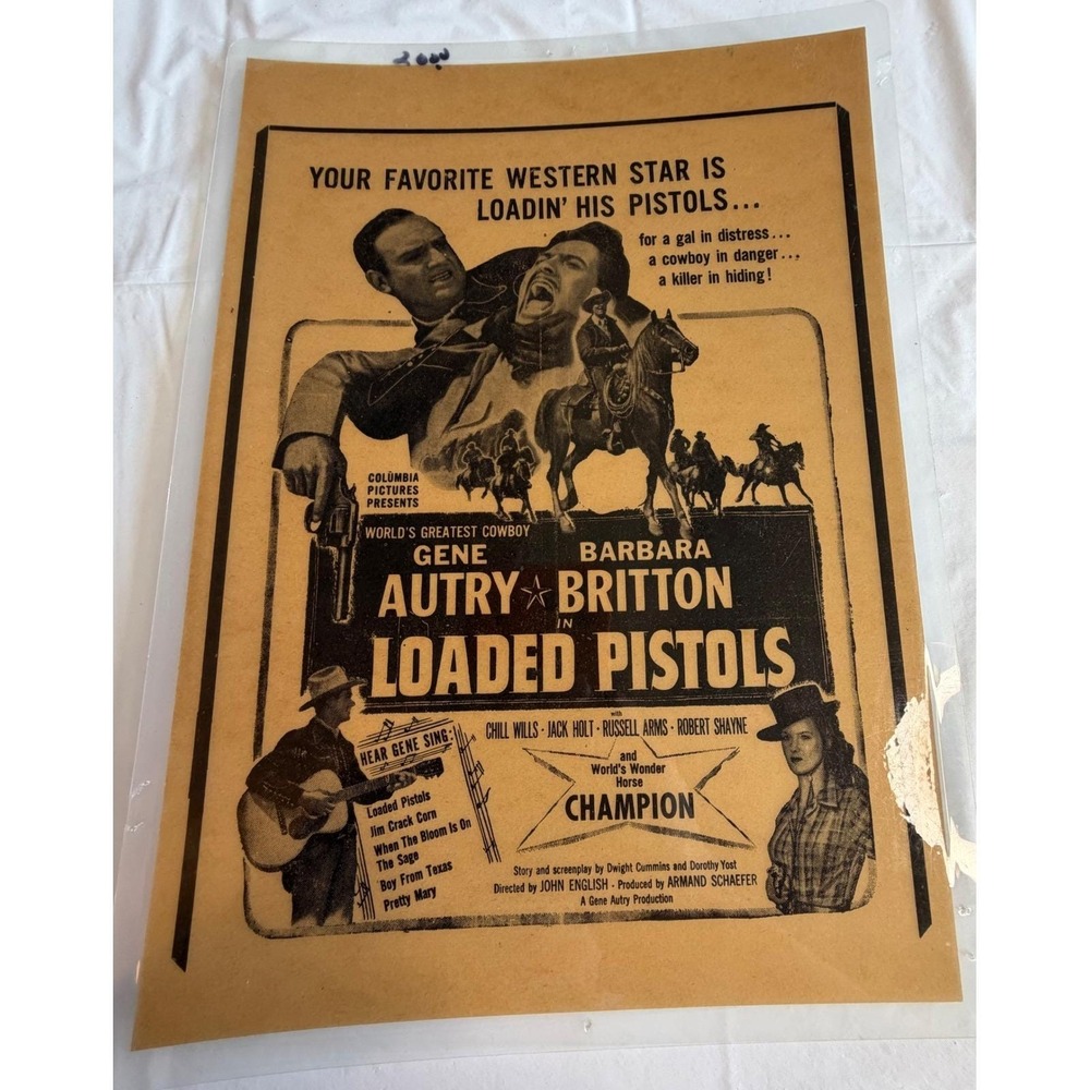 Gene Autry Loaded Pistols Vintage Western Movie Poster Barbara Britton Columbia